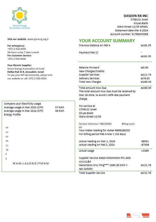 Israel Green Energy Association of Israel business utility bill template in Word and PDF formats